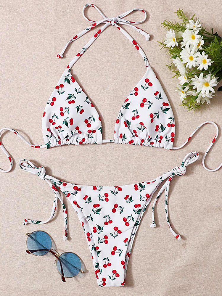 XS - L Cherry Print Halter Strappy Bikini Female Swimsuit Women Swimwear Two-pieces Bikini Set Tie Side Bather Bathing Suit Swim