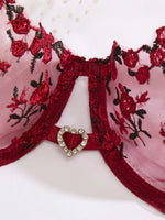 Ladies' wine red heart-shaped design embroidered semi transparent comfortable breathable underwear set, suitable ZA825026