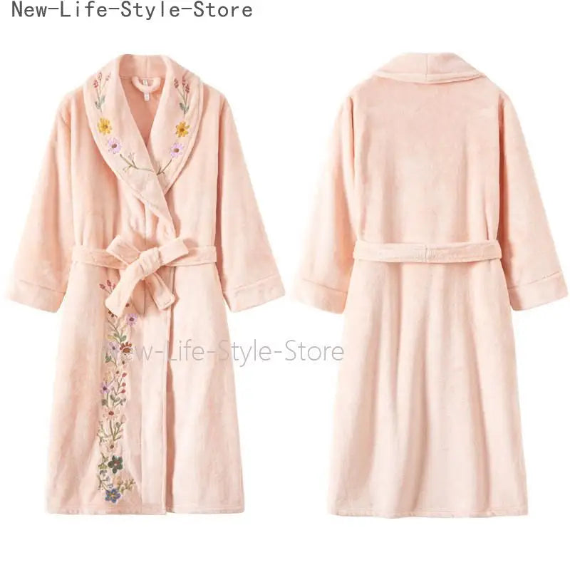 Thick Extra Long Embroidered Coral Fleece Bathrobe Elegant Ladies Winter Bridal Home Sleepwear Dressing Gown