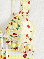 Vintage Pink Starberry Print One Piece Swimsuit 2026 Women Ruffles Bandage Cross High Waist Bikini Beach Bathing Suit Swimwear