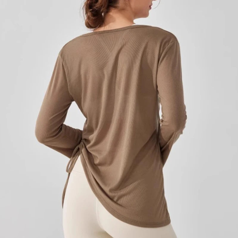 Women's Yoga Sports T-Shirt Drawstring Light Thin Loose Fit Irregular Hem Long Sleeve Fitness Cover Shirt