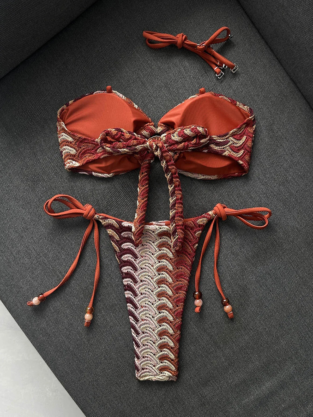 Sexy Coffee Striped Micro Bikini 2026 Women Bandeau Metal Shell Push Up Bra Bandage Thong Swimwear Beach Bathing Suit Swimsuit