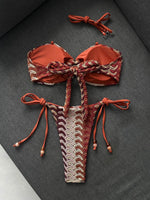 Sexy Coffee Striped Micro Bikini 2026 Women Bandeau Metal Shell Push Up Bra Bandage Thong Swimwear Beach Bathing Suit Swimsuit