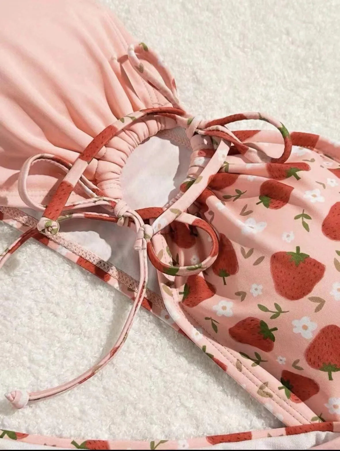 cute pink strawberry bandeau bikinis sets two pieces bow high waist padded bathing suit beach wear women thong bikini swimsuits