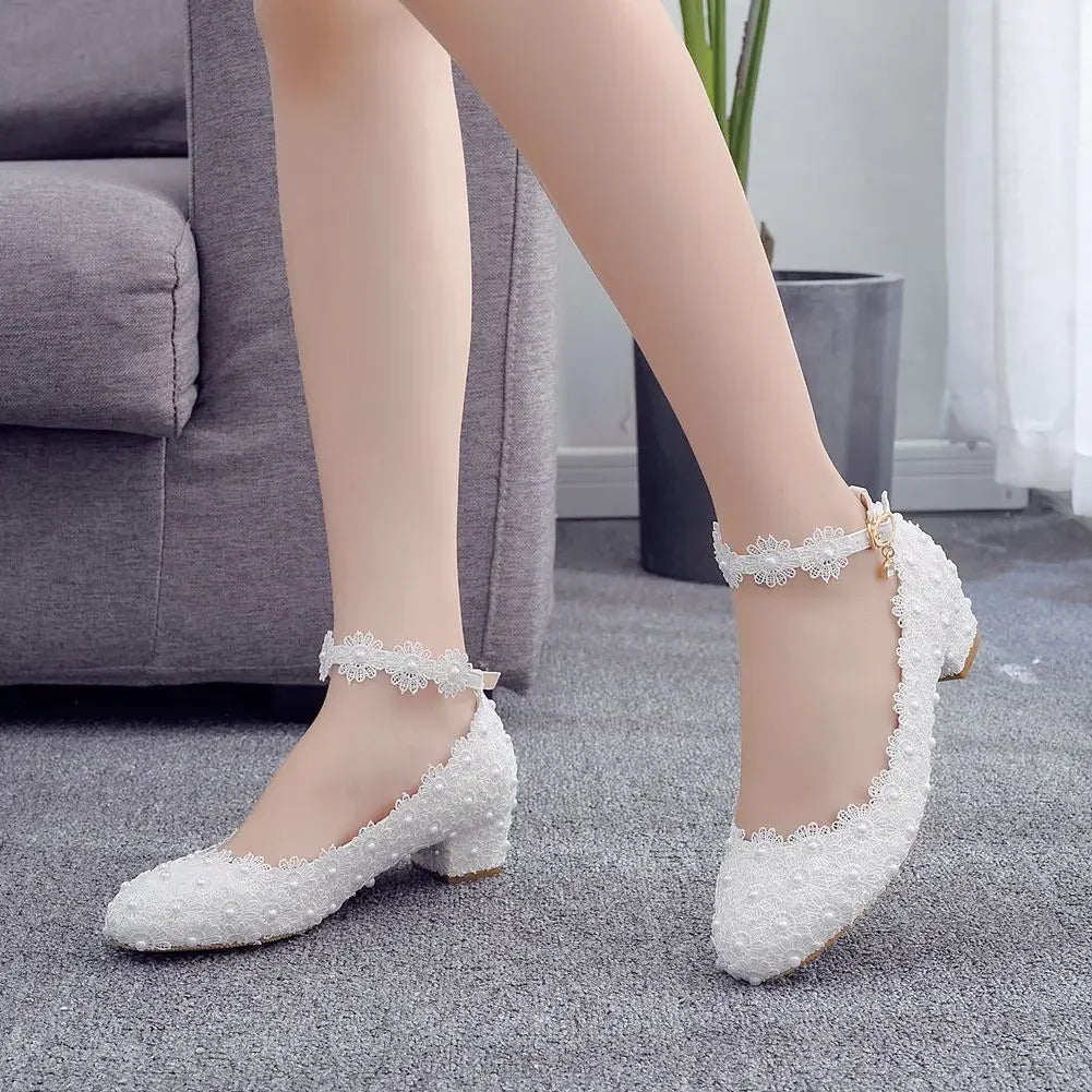 Women 3CM High Heels White Lace Pearl Wedding Shoes Sexy Bride PartyPointed Toe Shallow Mouth Pumps Shoe BridesmaidPink