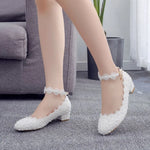 Women 3CM High Heels White Lace Pearl Wedding Shoes Sexy Bride PartyPointed Toe Shallow Mouth Pumps Shoe BridesmaidPink