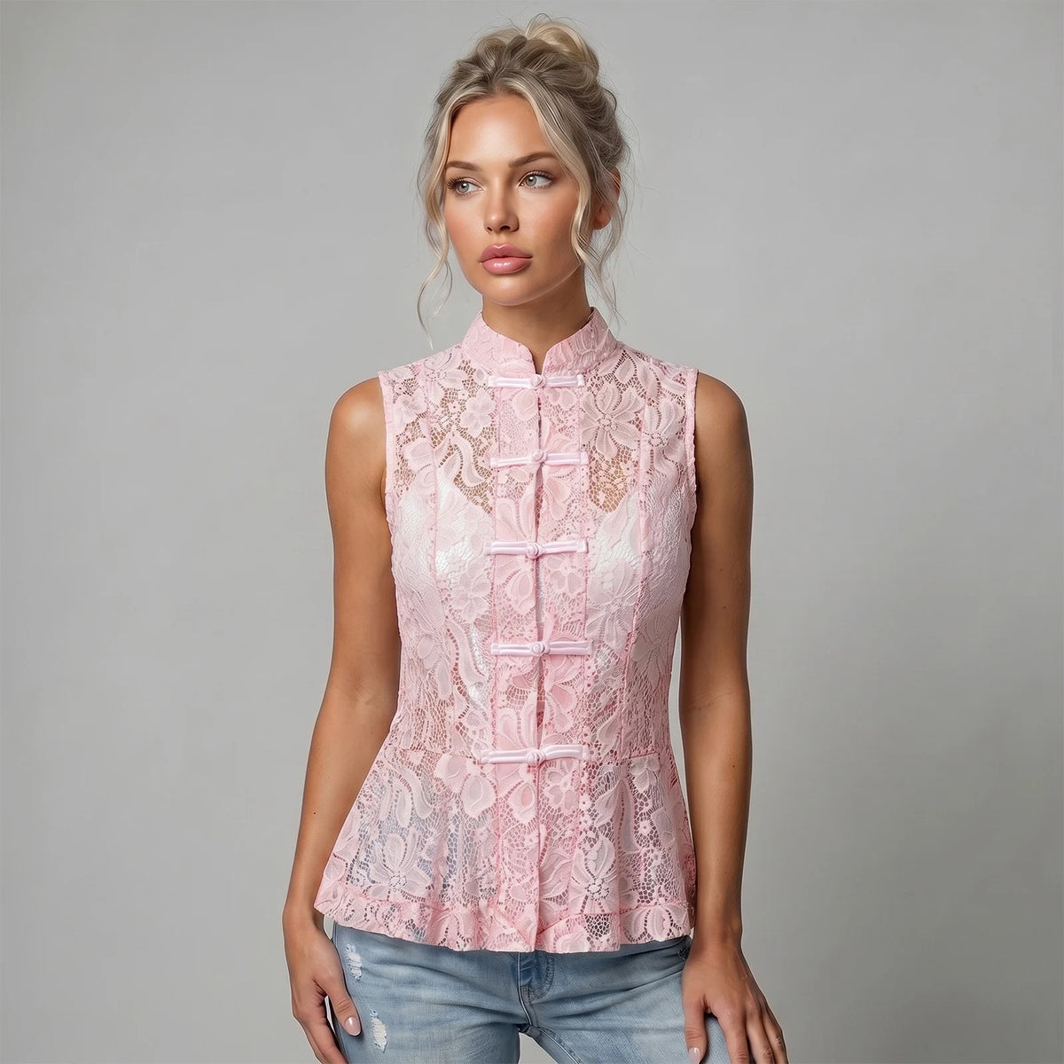 2026 Summer Women's Retro Lace Tops Elegant Mandarin Collar Chinese Frog Buttons Peplum Sleeveless Vest Blouses