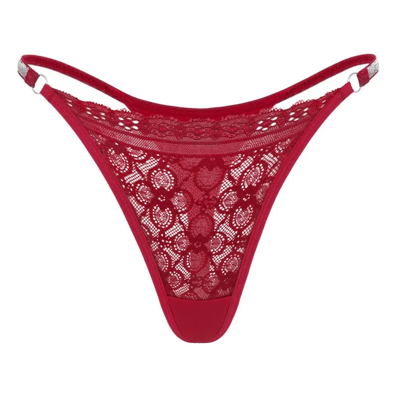 New Women Lace Trim Thong Panties Silver Ribbon Panel Low Rise Sexy G-string Breathable Stretch Skin Friendly Intimate Underwear