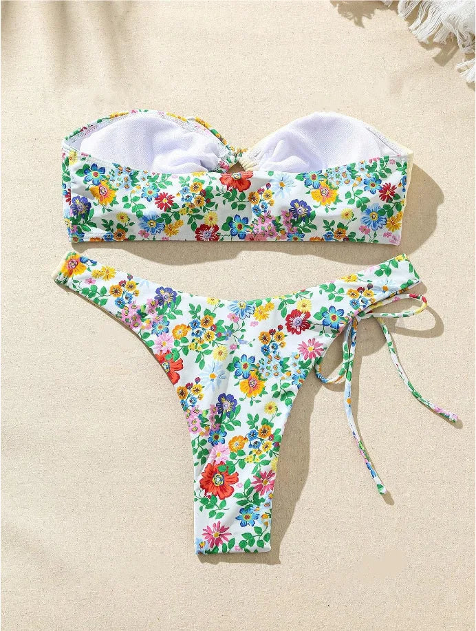 New Sexy Floral Print Bandeau Bikini 2024 Women Swimwear Female Swimsuit Two Pieces Thong Bikini Set Bather Tie Bathing Suit