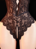 Adult Deep V-neck Hanging Neck Lace Flower Print Lingerie Solid Color Knitted Sexy Backless Underwear Women's Jumpsuit Clothing
