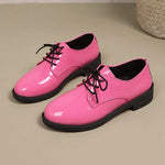 British Style Versatile Lace-Up Patent Leather Women's Single Shoes round Toe Flat Heel Summer Pure Color Adult Footwear