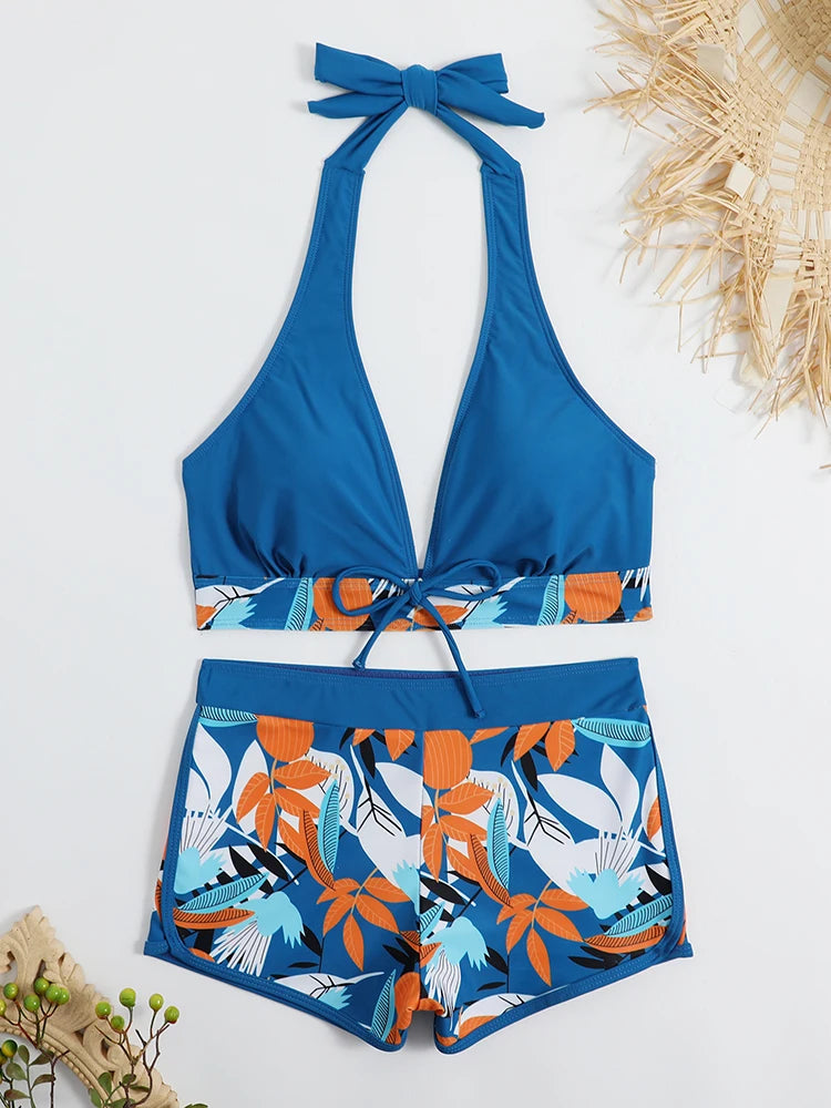 2026 Halter Bikini Set Short Swimsuit Women High Waist Swimwear Female Printed Bathers Swimming Bathing Swim Suit Beachwear