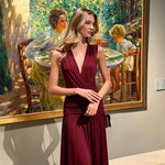 FDYOUI Womens Chic V-neck Sleeveless Pleated Long Maxi Holiday Dress Ladies Summer High Waist Tunics Solid Evening Party Dresses