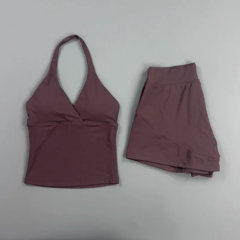 2 Piece Yoga Set Women Halter Deep V Neck Wrap Top Quick‑Dry Athletic Shorts Stretchy Gentle on Skin Suit Gym Workout Sportswear