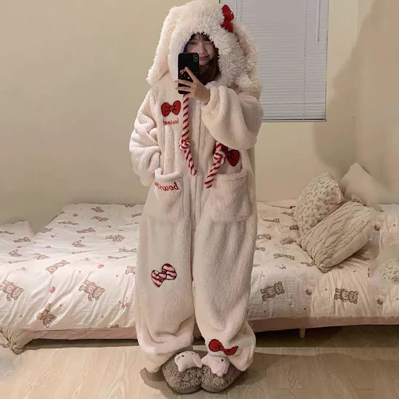 New Sweet and Cute Bow Rabbit One-piece Pajamas Women's Winter New Fleece Thickened Coral Fleece Large Size Loungewear Sleepwear