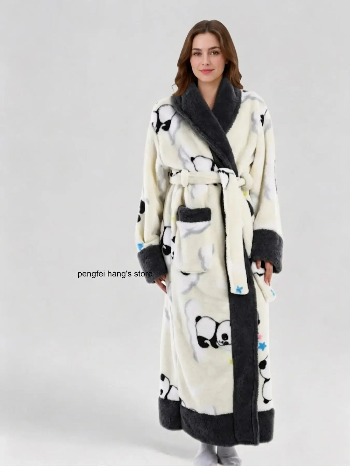 Warm Flannel Long Couples Robe Autumn Winter Color Block Lapel Funny Cartoon Print Bathrobe with Double Pockets Loungewear