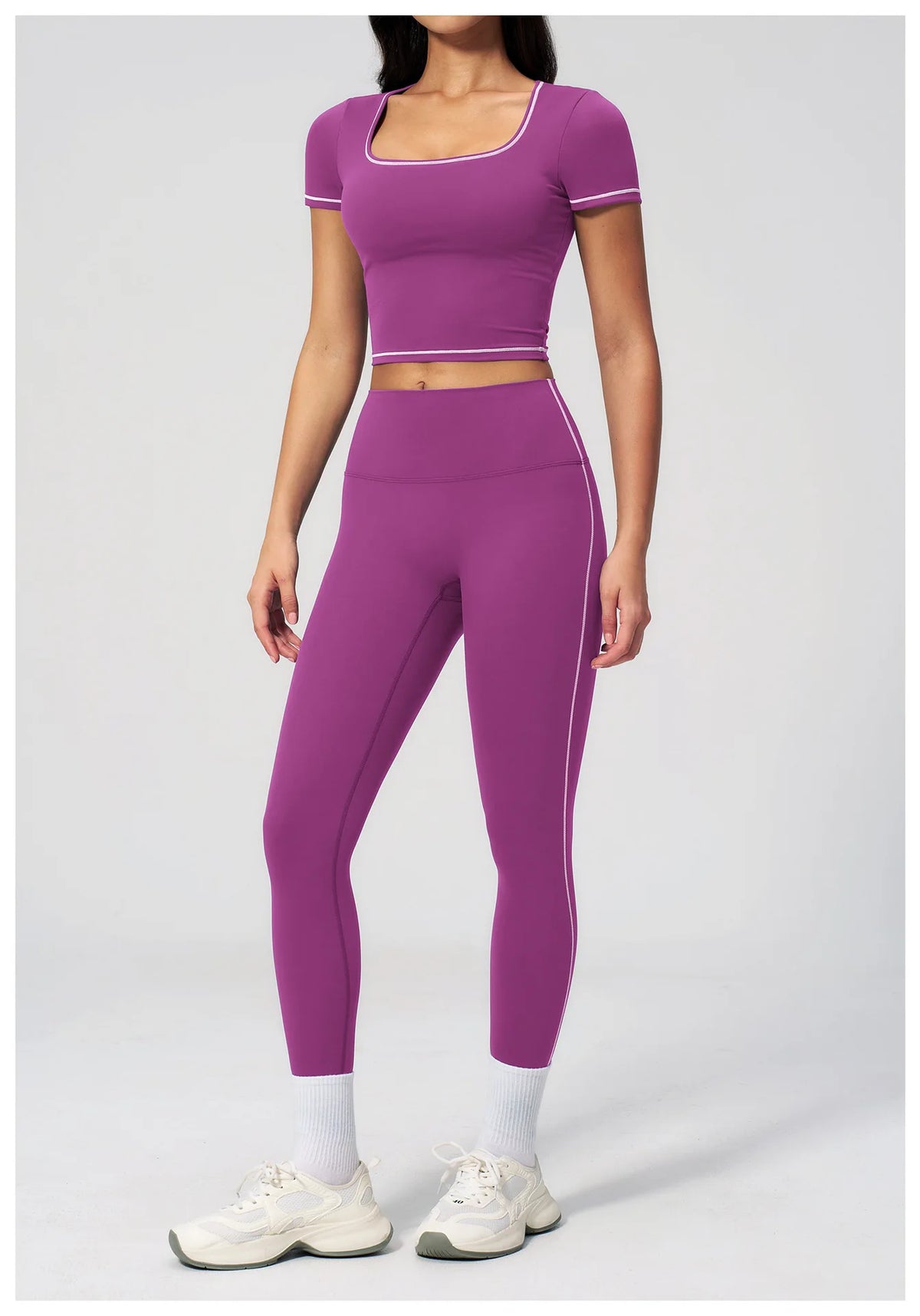 2PC Color Contrast Yoga Suit Women Short Sleeve Square Collar Slim Sports Top Fitness Suits Outdoor Exercise Leggings Tracksuit