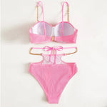 Sexy Push Up Underwire One Piece Swimsuit Women Solid Pink Metal Chain Hollow Out Ribbed Bathing Suit Backless Swimwear Monokini