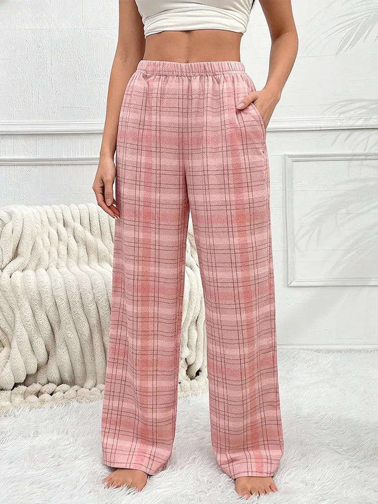 Women Autumn Winter Pajama Pants for Fuzzy Pack Long Fleece Buffalo Plaid Sleep Bottoms Soft Drawstring Lounge Sleepwear