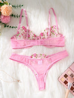 Women's Pink Floral Embroidery Lingerie Set Half Cup Push Up Bra And Thong Sheer Mesh Lace Comfortable Sexy Underwear ZA824026
