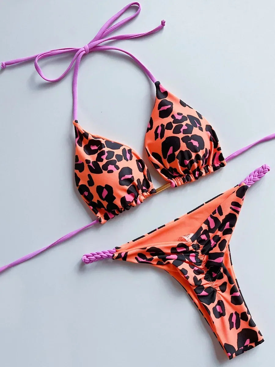 Leopard Halter Scrunch Butt Mini Micro Thong Bikini Women Swimwear Female Swimsuit Two-pieces Bikini Set Bathing Suit Swim Lady