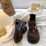 Women's Double Buckle Platform Mary Jane Shoes, Chunky Block Heel Height Increase Retro Preppy Casual School Shoes