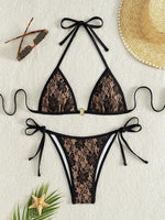 Embroidery Mesh Lace Halter High Cut Bikini Female Swimsuit Women Swimwear Two-pieces Bikini Set Bather Bathing Suit Swim Beach