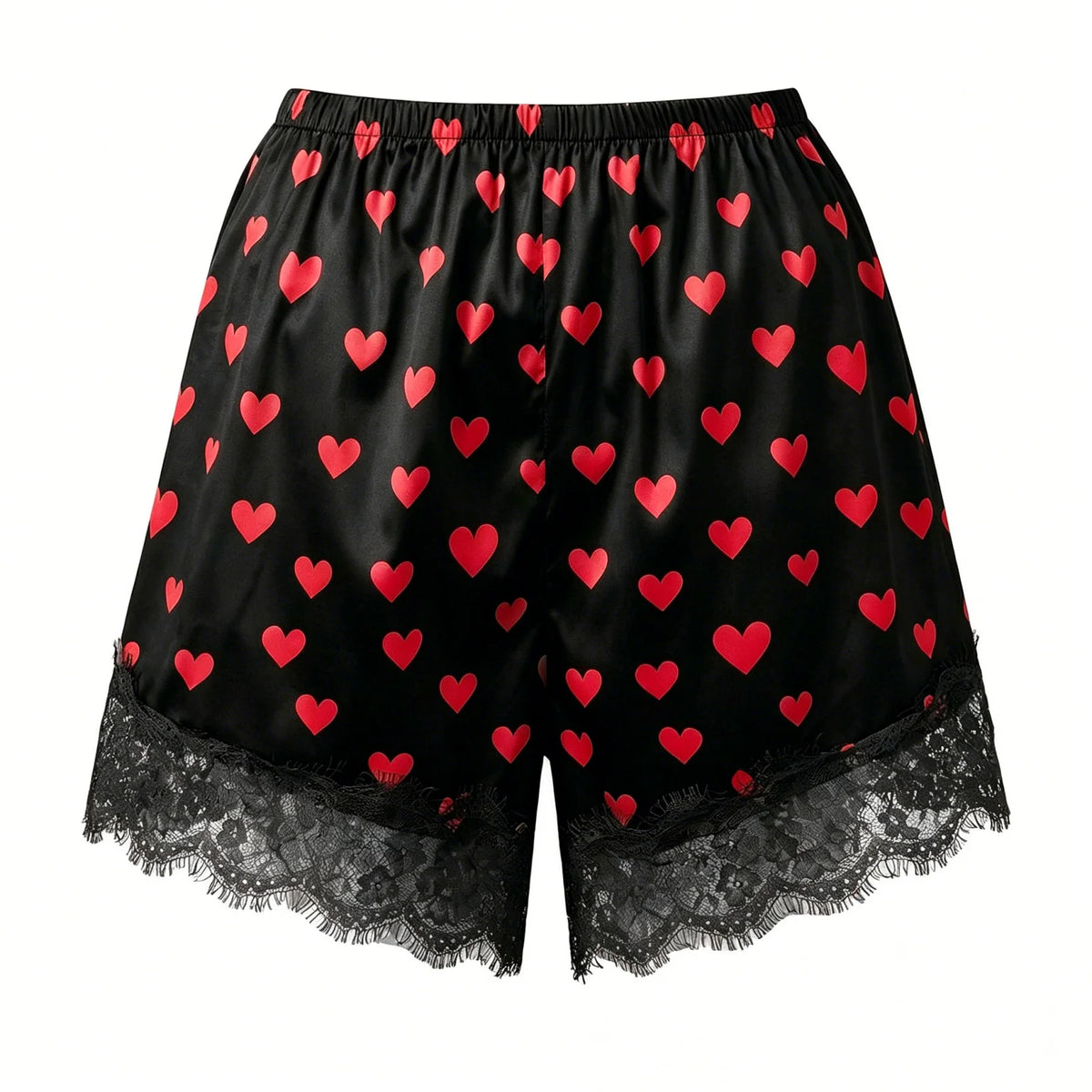 Summer Women’s Satin Lace Hem Shorts Elastic Waist Loose Fit Wide Leg Short Pants Casual Lounge Bottoms Solid Color