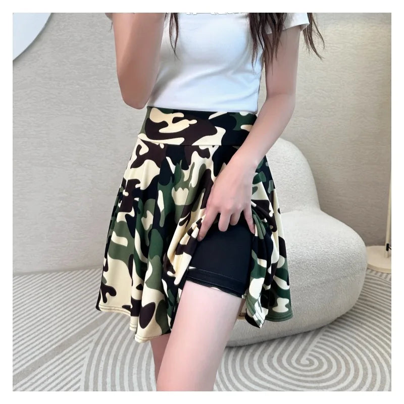 Women Flared Skirts Summer Basic Skirt Fashion Dancer Uniform Versatile Black Safety Pants Skirt Elastic Pleated Skirt Long 45CM