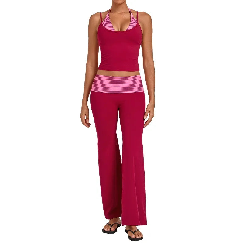 Women's Sleeveless Yoga Set Sports Workout High Waist Butt-Lifting Flared Pants Suits Beautiful Back Slim-Fit Running Vest Sets