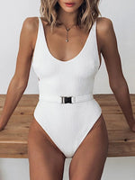V Neck Ribbed High Cut Women Swimwear One Piece Swimsuit Female Backless Monokini with Waist Belt Bathing Suit Swim Beachwear