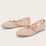 2026 Big size 42 Chic Nude Beading Flat Mary Janes Shoes Women Leisure Mesh Pearls Embroidery Comfy Walk Ballet Flats Shoes