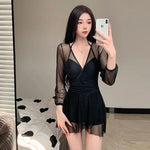 Swimsuit Women's Summer New One-piece Skirt Style Slimming Lace Long Sleeved Small Chest Steel Support Hot Spring Swimsuit