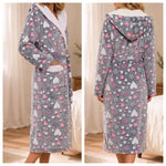 Women New Winter Flannel Hooded Robe Heart Print Thick Warm Long Home Bathrobe Cozy Belted Casual Sleepwear Loungewear