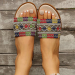 Fashion Tweed Cloth Flats Slippers Women 2025 String Bead Plus Size 36-43 Summer Sandals Woman Lightweight Outdoor Slides Female