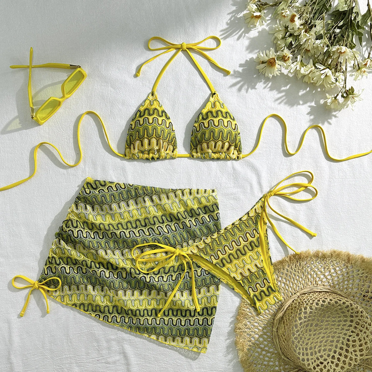 Sexy Drawstring Side Skirt 3 Piece Bikini Set Women Orange Striped Embroidered Print Swimwear High Waist Bathing Suit Swimsuit