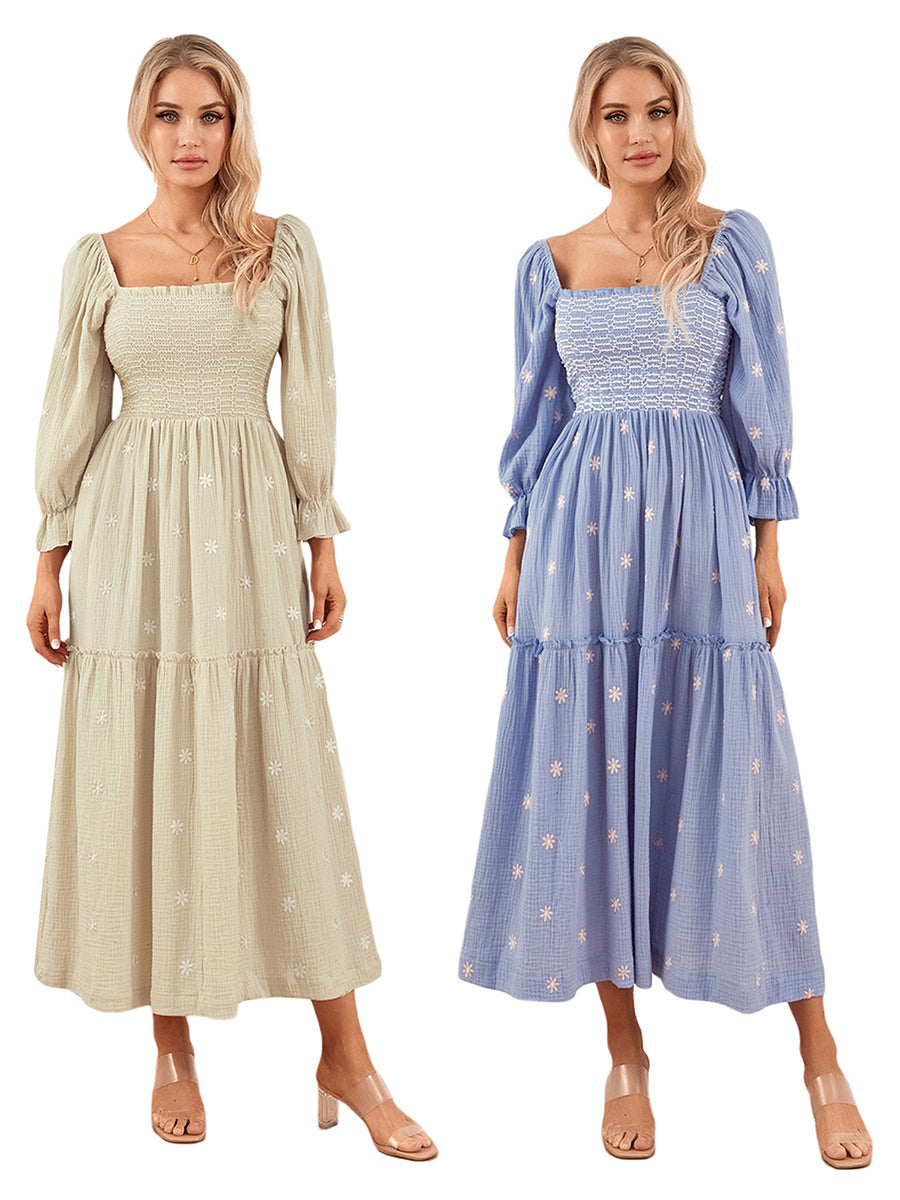 Women Spring Fall Long Dress Long Sleeve Dress Square Neck Embroidery Flower Loose Swing Dress Wit Pocket