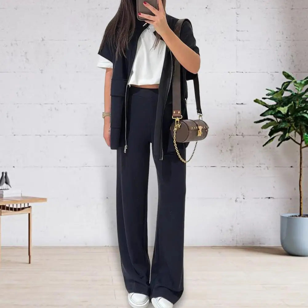 Women's Two Piece Outfit Casual Full Zip-up Short Sleeve Shirt And Wide Leg Pants Set Office Casual Lounge Tracksuit