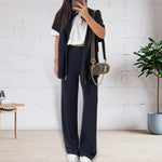 Women's Two Piece Outfit Casual Full Zip-up Short Sleeve Shirt And Wide Leg Pants Set Office Casual Lounge Tracksuit