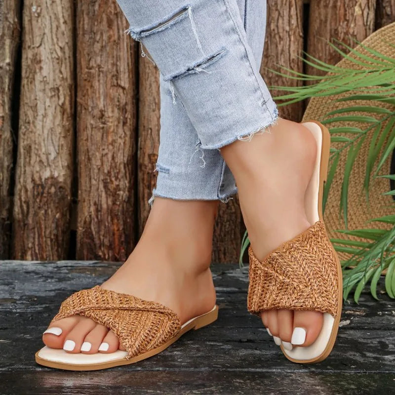 Women Open Toe Weave Slippers Ladies Outdoor Soft SoleFlats 2026 New Summer