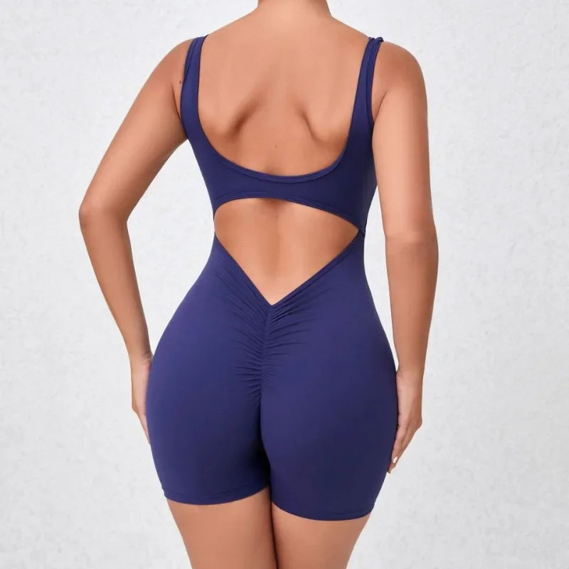 Women's Seamless Yoga Jumpsuit - Quick-Dry Nude Workout Suit with V-Neck & Sexy Back, Tight Fitness Wear for Running Gym Workout