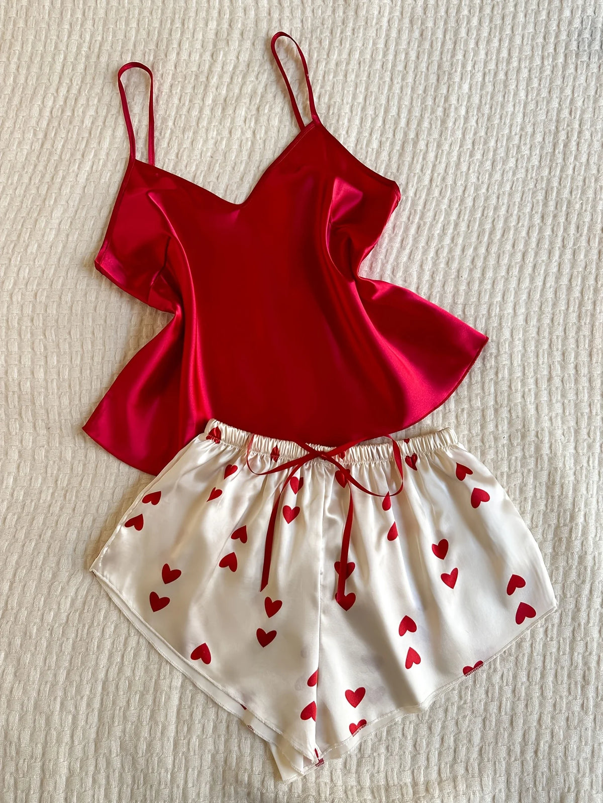 New Summer Women's V Neck Pajama Set Fashion Solid Halter Top with Heart Printed Shorts 2 Piece Sleepwear Comfortable Home Wear