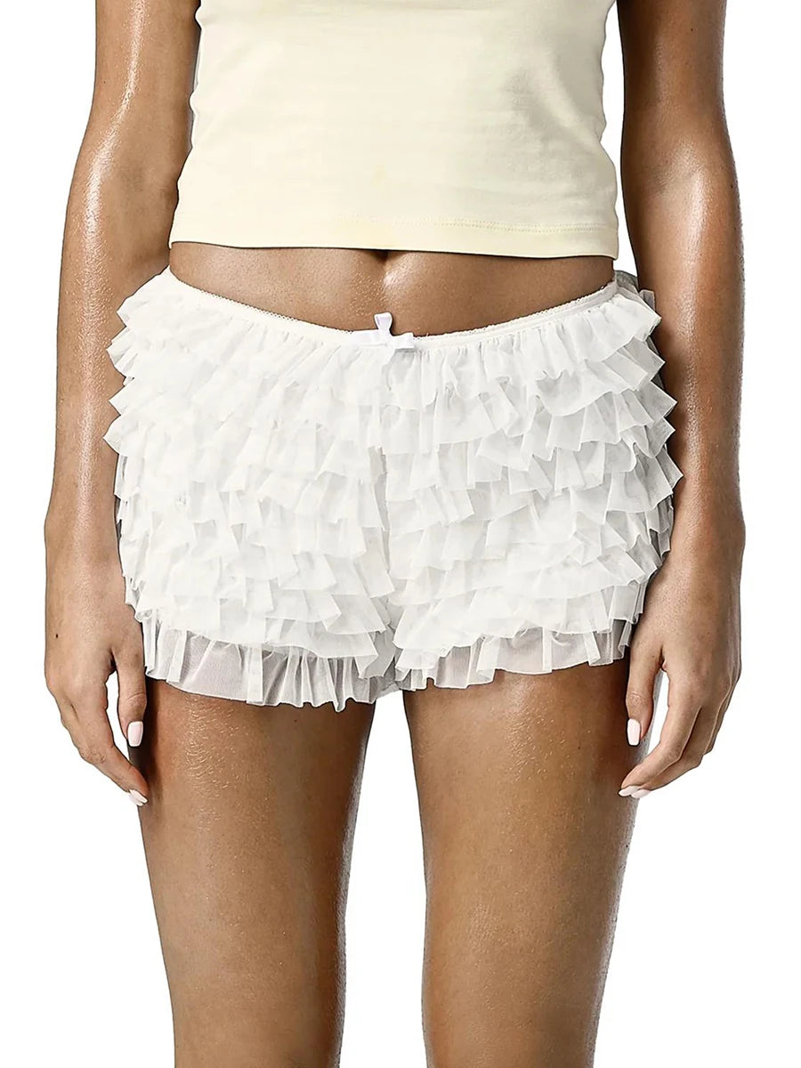 Womens Solid Color Lace Mesh Shorts Tiered Ruffled Bow Elastic Waistband Summer Leisure Lounge Short Pants