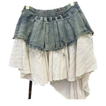 Retro Spliced Denim Pleated Skirt For Women Summer New Temperament Hot Girl Fashionable High Waist A-line Skirt Fashion AS1C