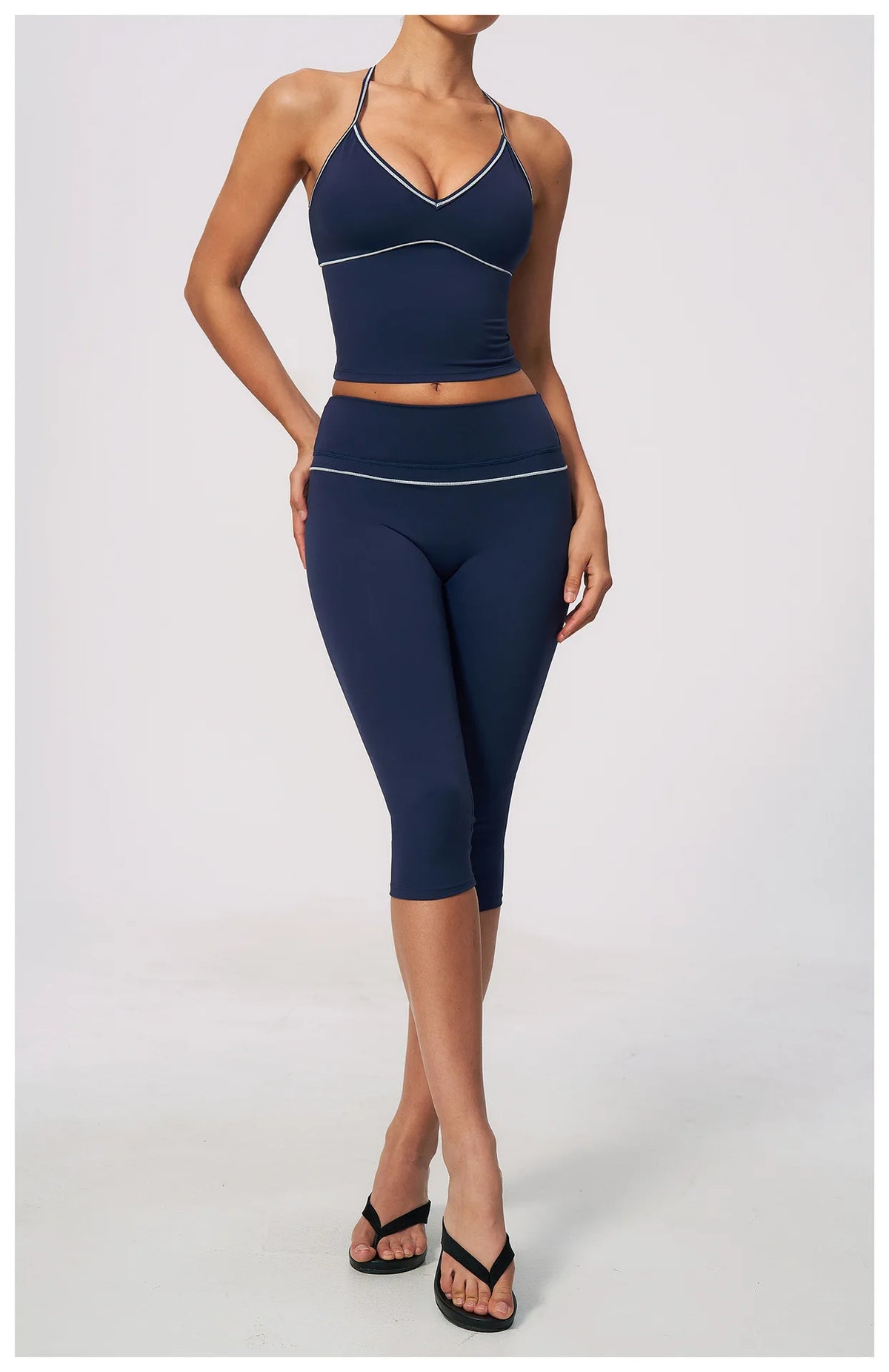Summer Color Blocking Yoga Suit Women Tracksuit Hanging Neck V Neck Slim Sports Vest Tight Hip Lifting Capri Pants Fitness Sets
