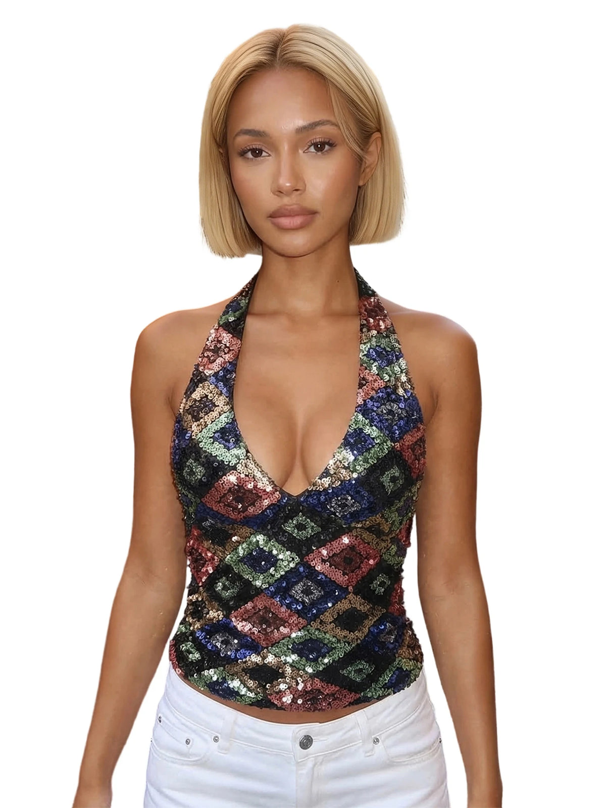 Summer Women Sequin Vest Open Back Sleeveless Halter Slim Fit Tank Tops Sexy Fashion Street Retro Corset Shirts