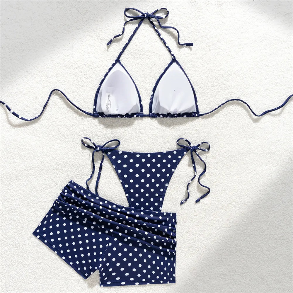 White Dot Print Micro Thong 3 Piece Bikinis Sets Bottoms Shorts Swimwear Sexy Swimsuit Woman 2026 Halter String Triangle Bikini