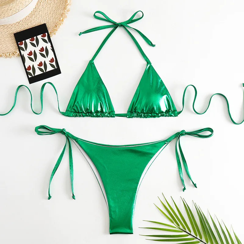 Sexy Gold Silver Red Strings Bikini 2024 Women Swimsuit Female Swimwear Thong Bikinis Set Brazilian Beach Bathing Suit Biquini