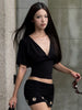 FDYOUI Woman Clothes V-neck Half Sleeve Cropped T-shirts Fashion Lace-up Backless Solid Corset Tops Y2K Streetwear Lady T Shirt