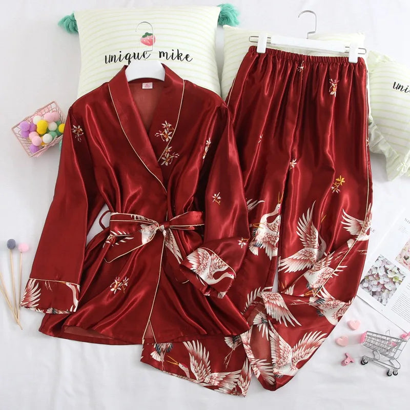 Crane Print Silk Satin Female Pajamas Retro Long Sleeve Robe with Trouser Sleepwear Comfortable Wedding Nightwear for Home